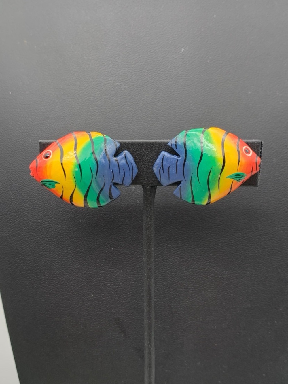 Vintage hand painted Colorful Rainbow Fish clip on earrings Vibrant Multi-Color